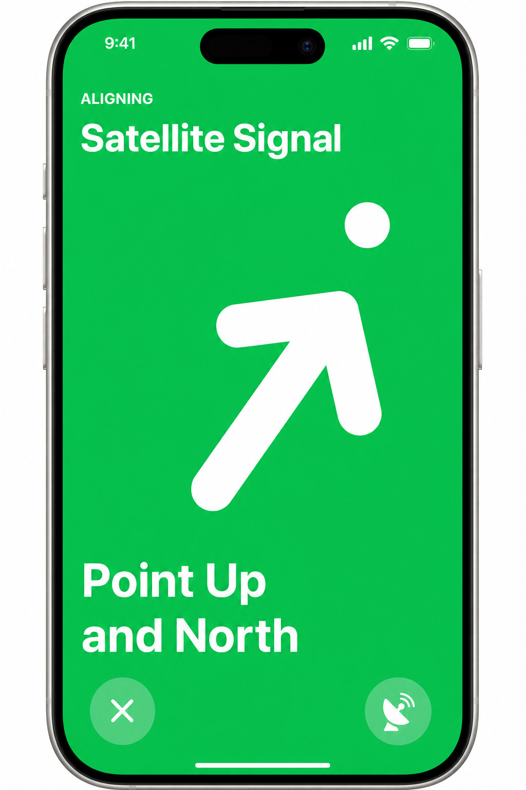 iPhone displaying animated directional arrow satellite alignment guide, indicator green