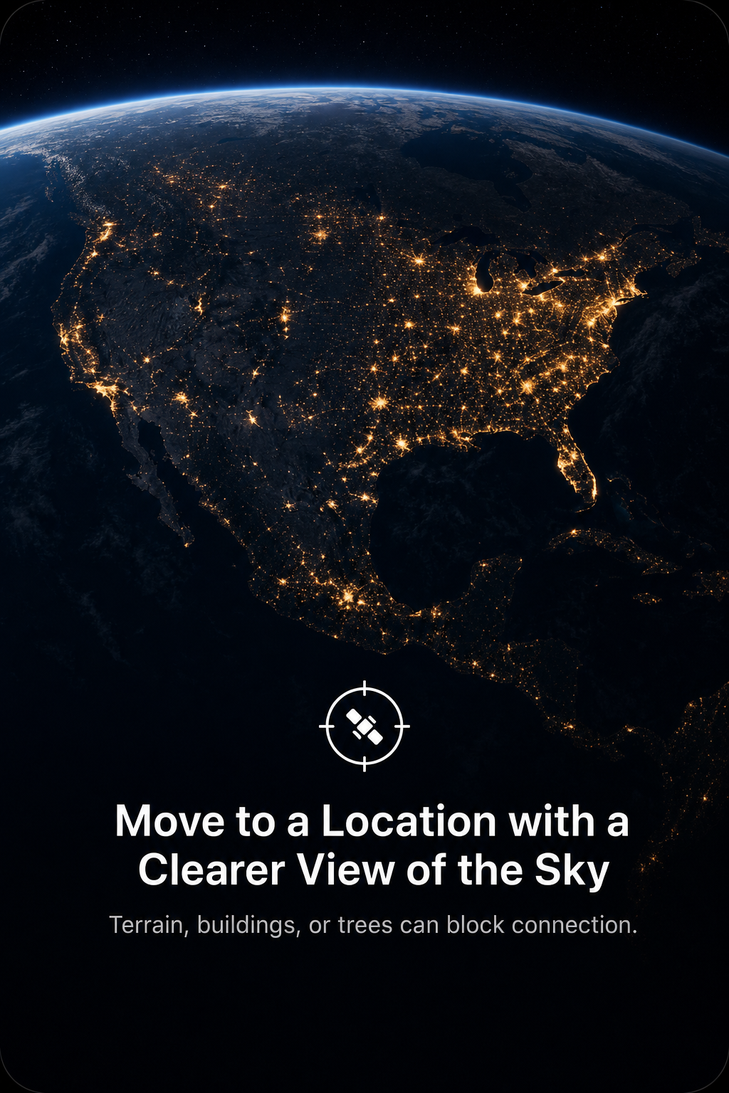 iPhone screen showing 'Move to a location with a clearer view of the sky' satellite message