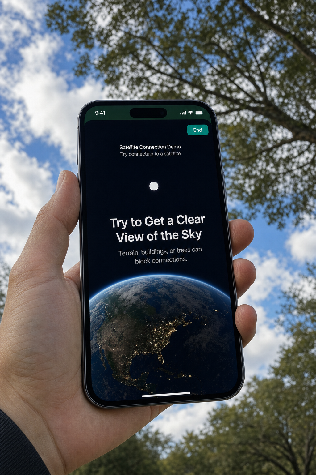 Person holding iPhone with screen held up toward sky but blocked by trees and showing the person having moved around the area