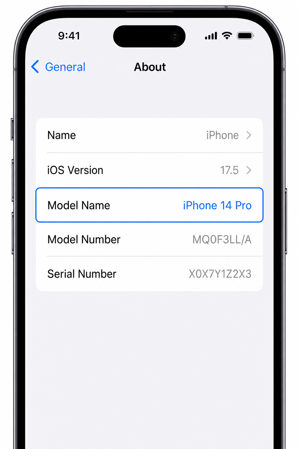 Settings → General → About screen with Model Name field highlighted, showing an iPhone 14 or later model name