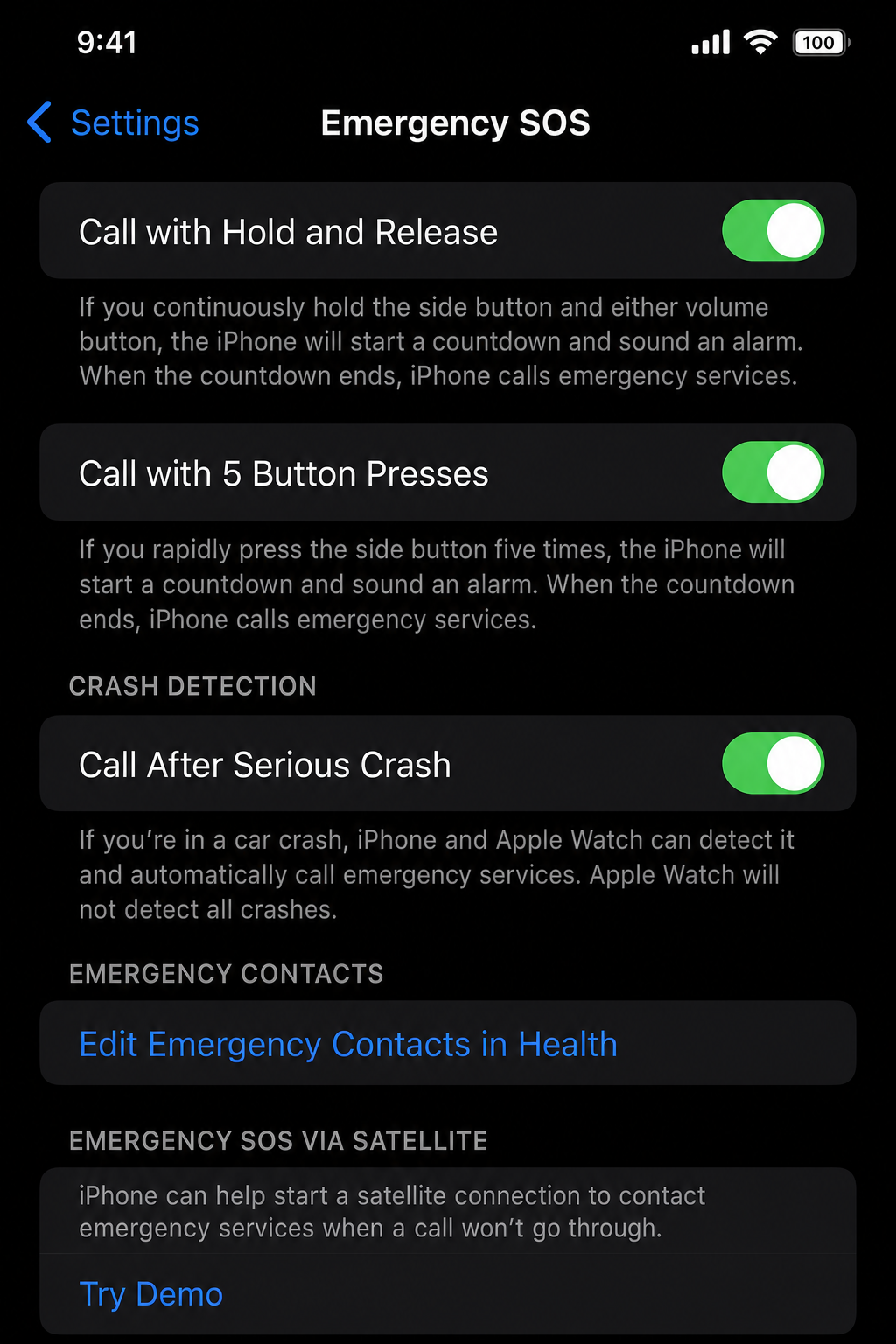 Full Emergency SOS settings screen in iOS showing all available toggles including Call with Hold, Call with 5 Button Presses, Countdown Sound, and the Try Demo option