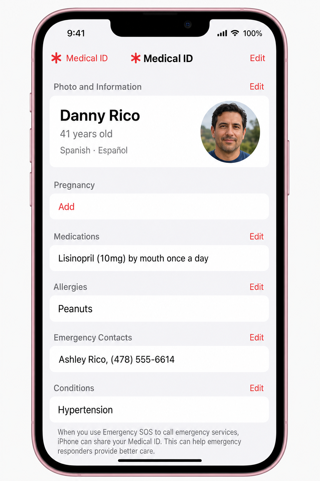Health app Medical ID screen showing editable fields for blood type, allergies, medications, emergency contacts, and the Show When Locked toggle