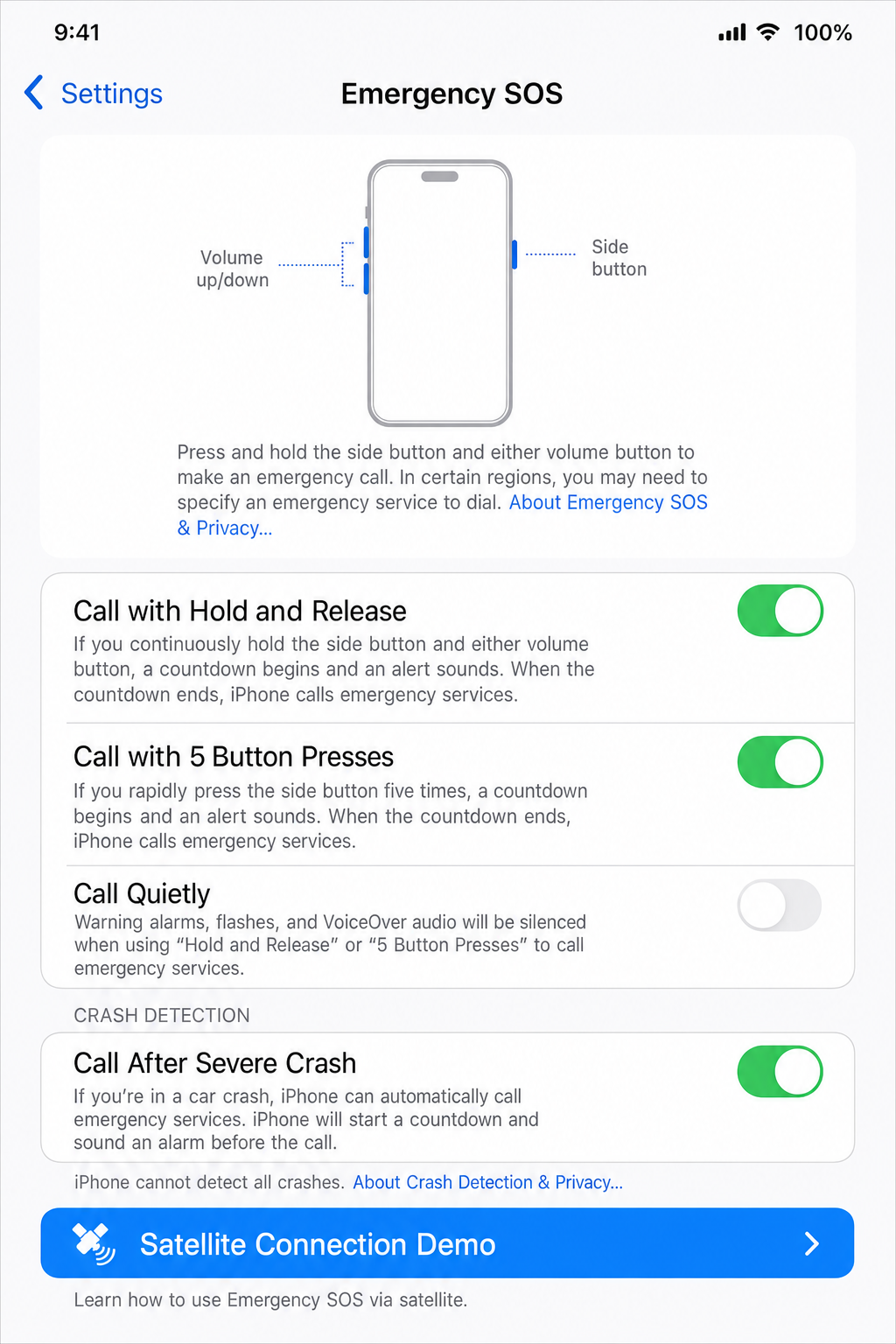 Emergency SOS settings screen with the Try Demo option visible and highlighted at the bottom of the screen