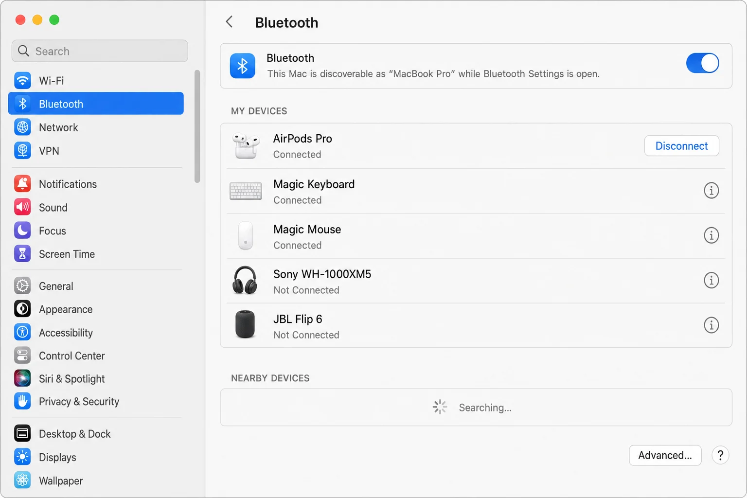 macOS System Settings > Bluetooth panel showing AirPods Pro listed under My Devices with Connect or Disconnect button visible”/></figure>



<p class=