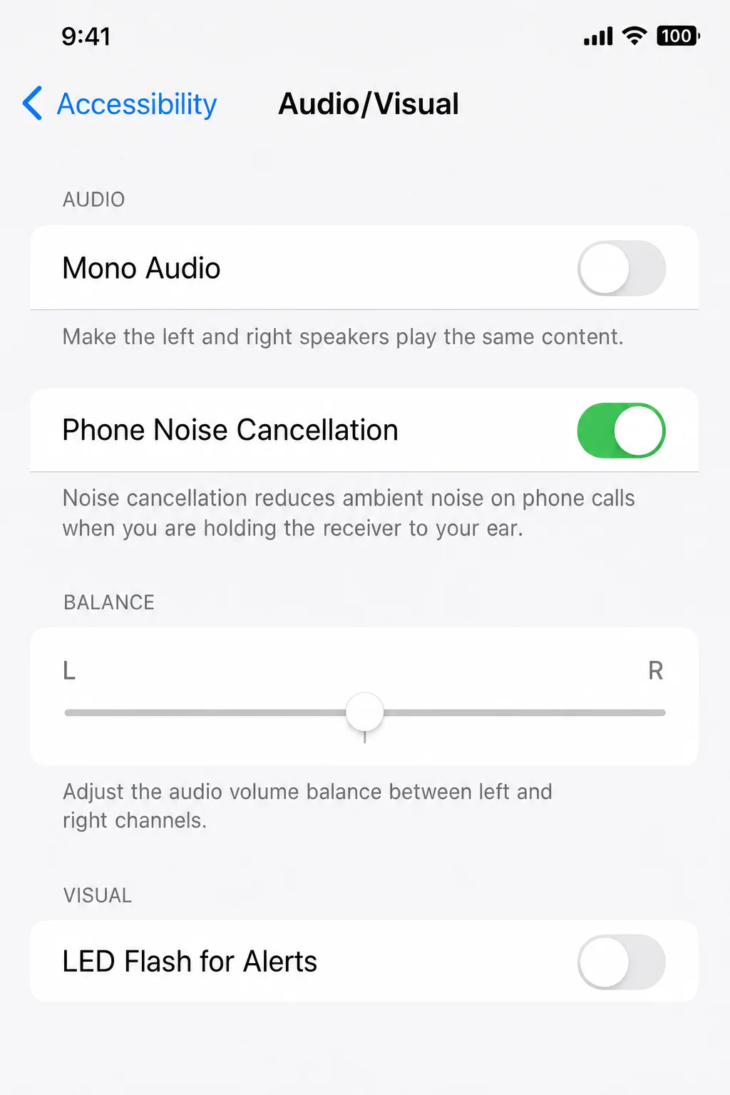 iOS Settings > Accessibility > Audio & Visual panel showing the left/right audio balance slider centered at 0″/></figure>



<p class=