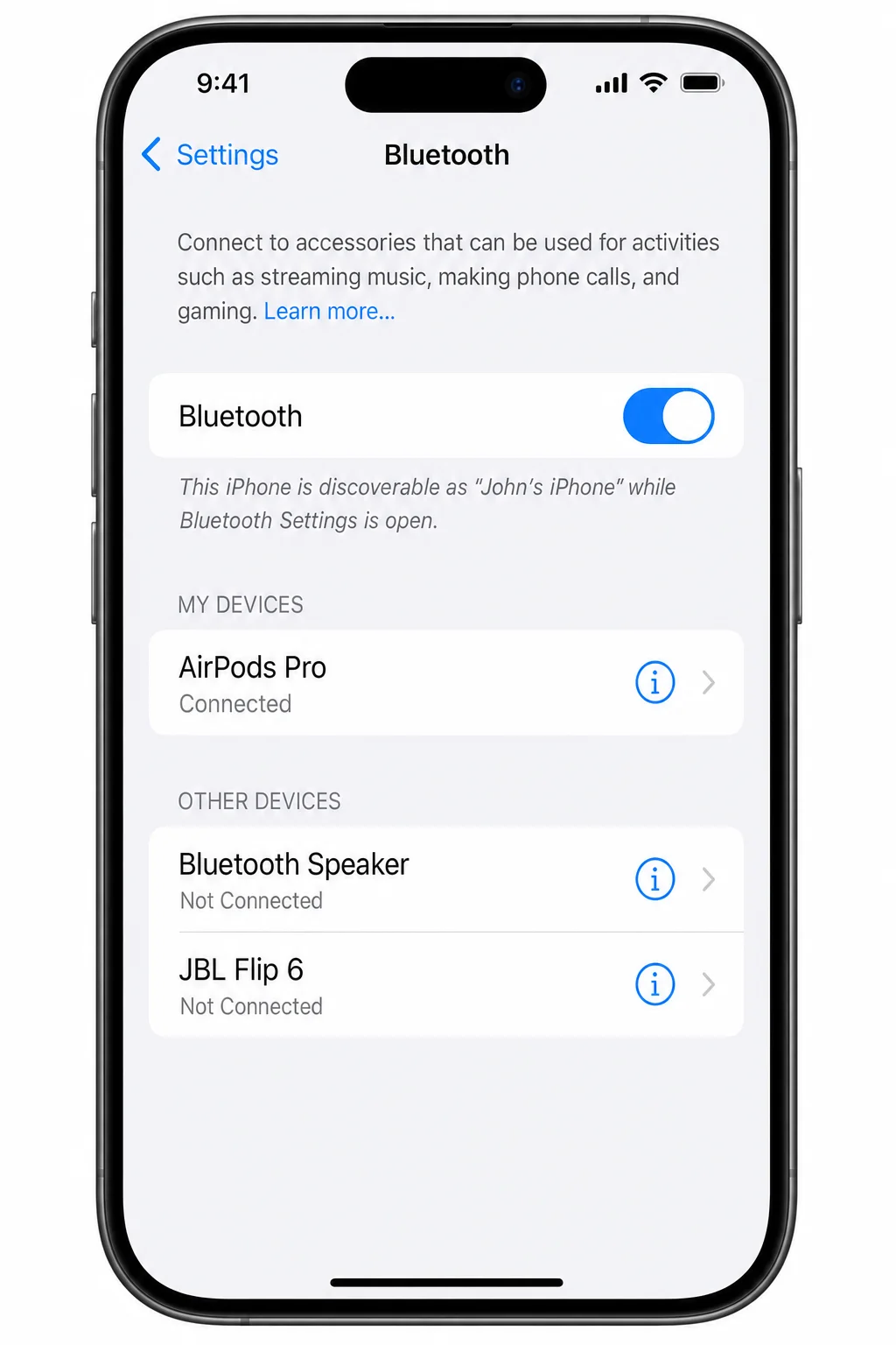 iOS Settings > Bluetooth panel showing AirPods Pro listed as connected with the (i) info button visible to the right”/></figure>



<figure class=