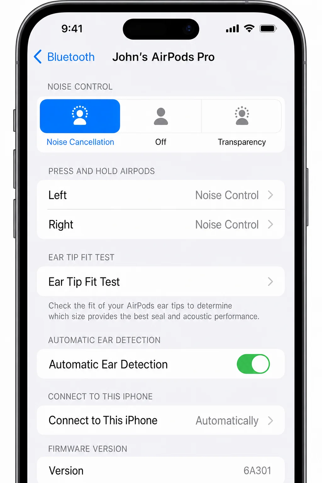 Full AirPods Pro settings panel in iOS Settings showing Press and Hold AirPods section, Noise Control options, Automatic Ear Detection toggle, and Firmware Version field
