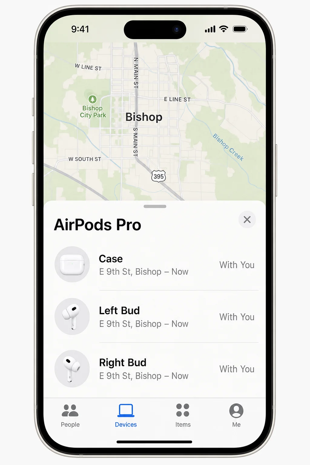 Find My app on iOS showing the Devices tab with AirPods Pro listed, displaying last known location and device status