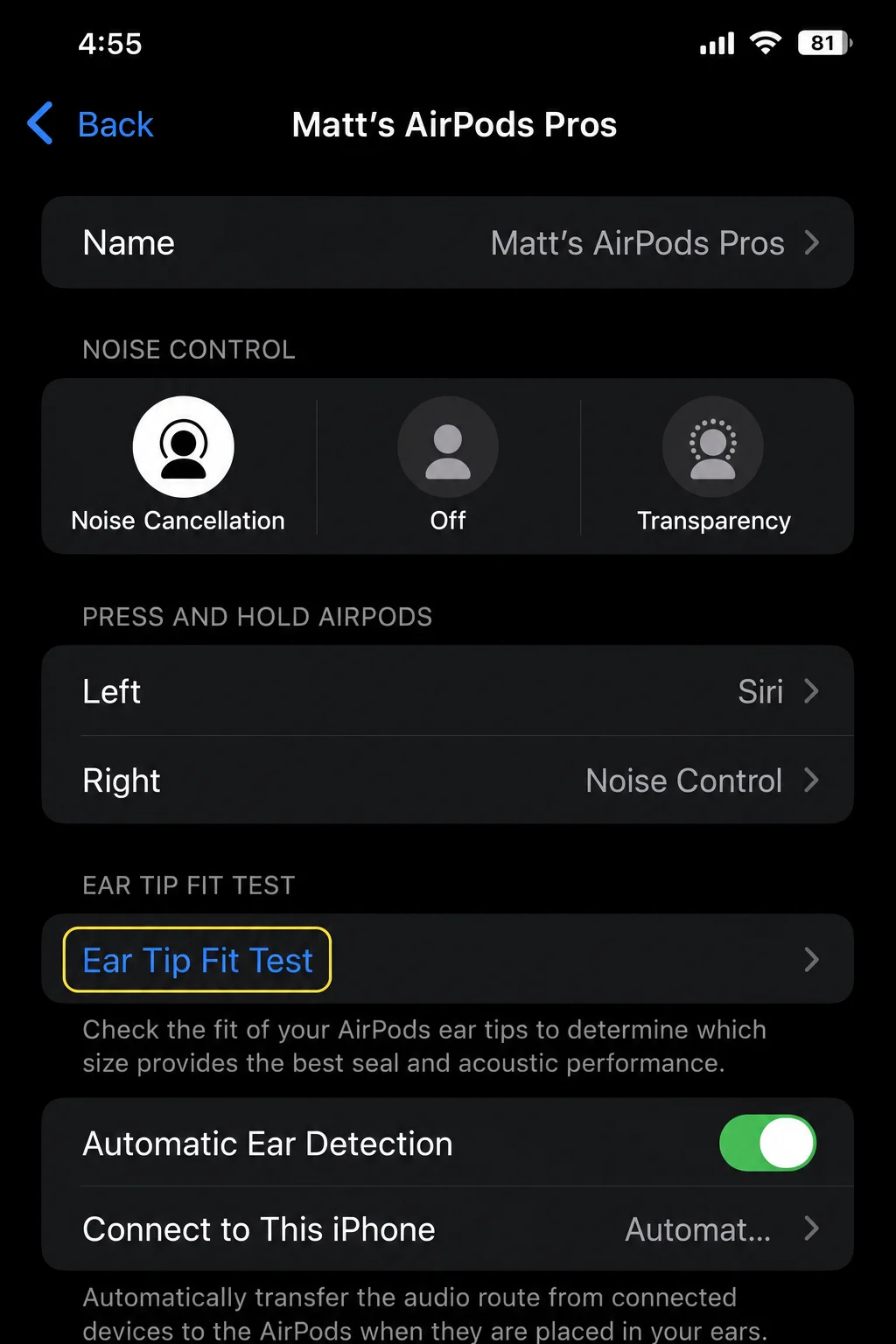 iOS AirPods settings panel showing the Ear Tip Fit Test option highlighted as the entry point for checking ear tip seal quality