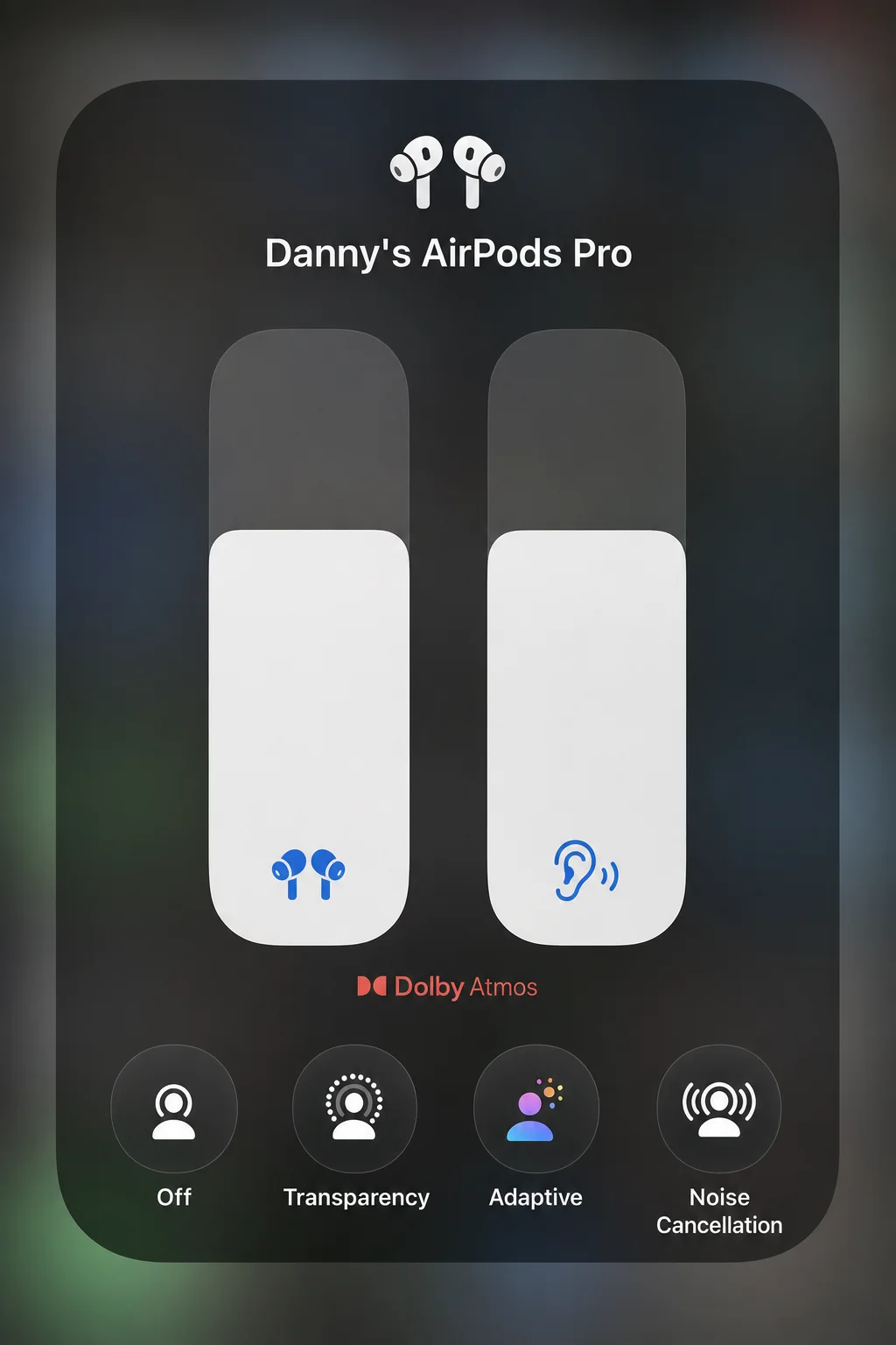 iOS Control Center volume expanded panel showing ANC, Transparency, Adaptive Audio, and Off noise control mode buttons at the bottom of the volume card