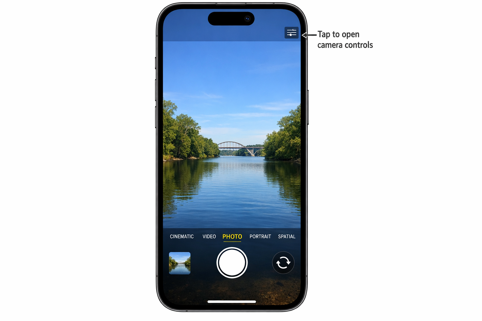 iPhone camera app open and active, ready to take a photo, with the shutter button visible