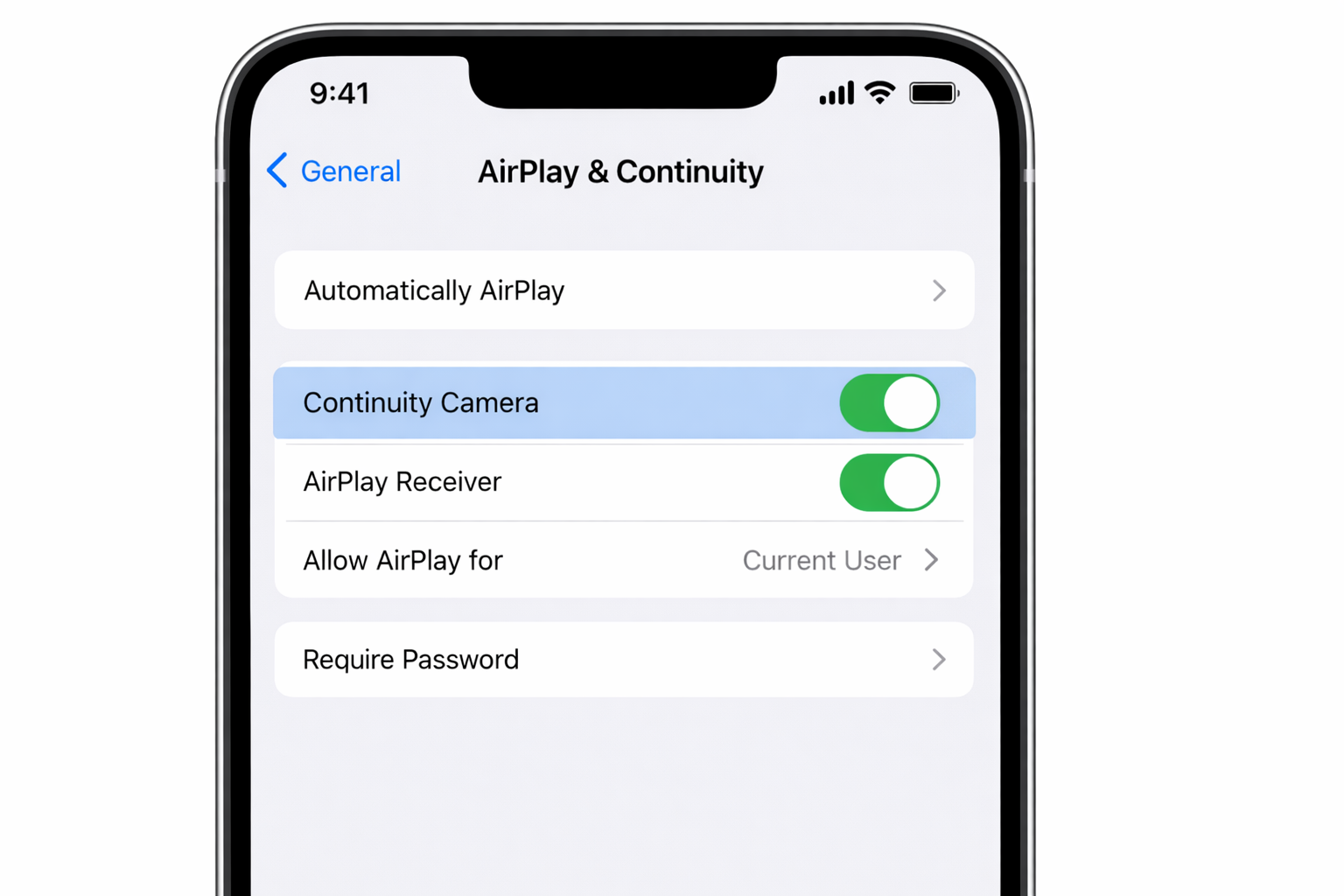 iOS Settings > General > AirPlay & Continuity > Continuity Camera with the toggle switched on and highlighted