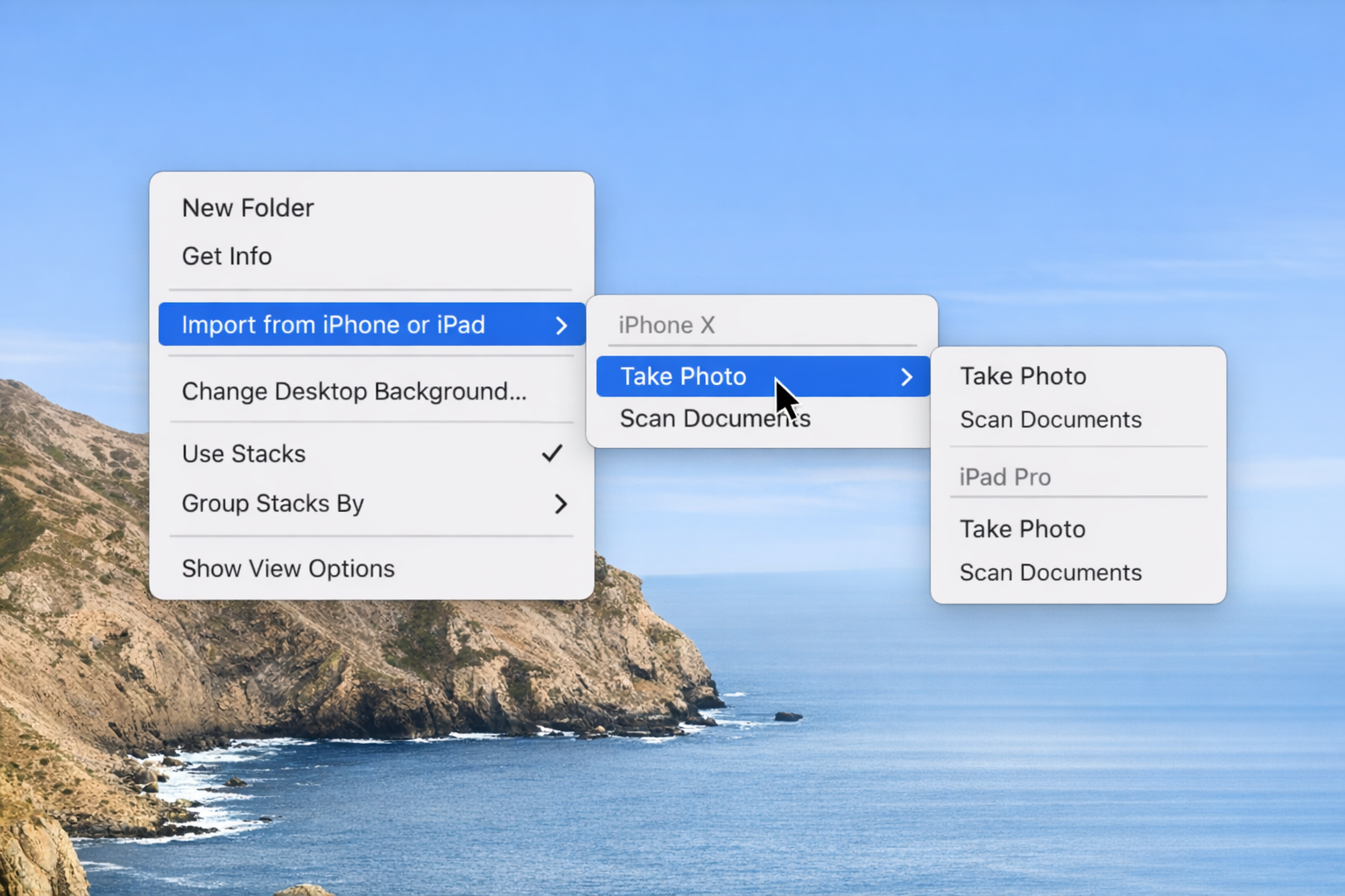 Finder window with the File menu open, showing Import from iPhone or iPad submenu with Take Photo and Scan Documents options visible