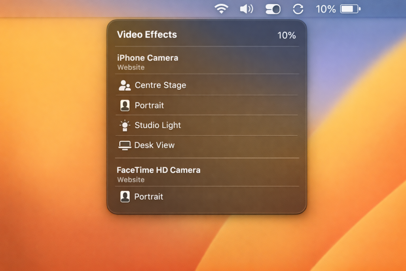 macOS Control Center open with the Video Effects section visible, showing camera source options including iPhone and built-in camera