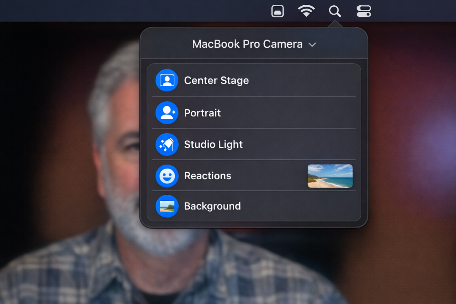 macOS Control Center with Video Effects panel open, showing Center Stage, Portrait, Studio Light, and Desk View options