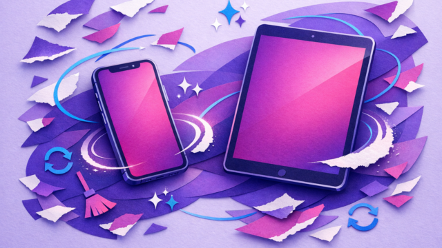 Vibrant paper-cut illustration of a smartphone and a tablet with pink-purple gradients, surrounded by torn-paper shapes and swirls in purple hues.