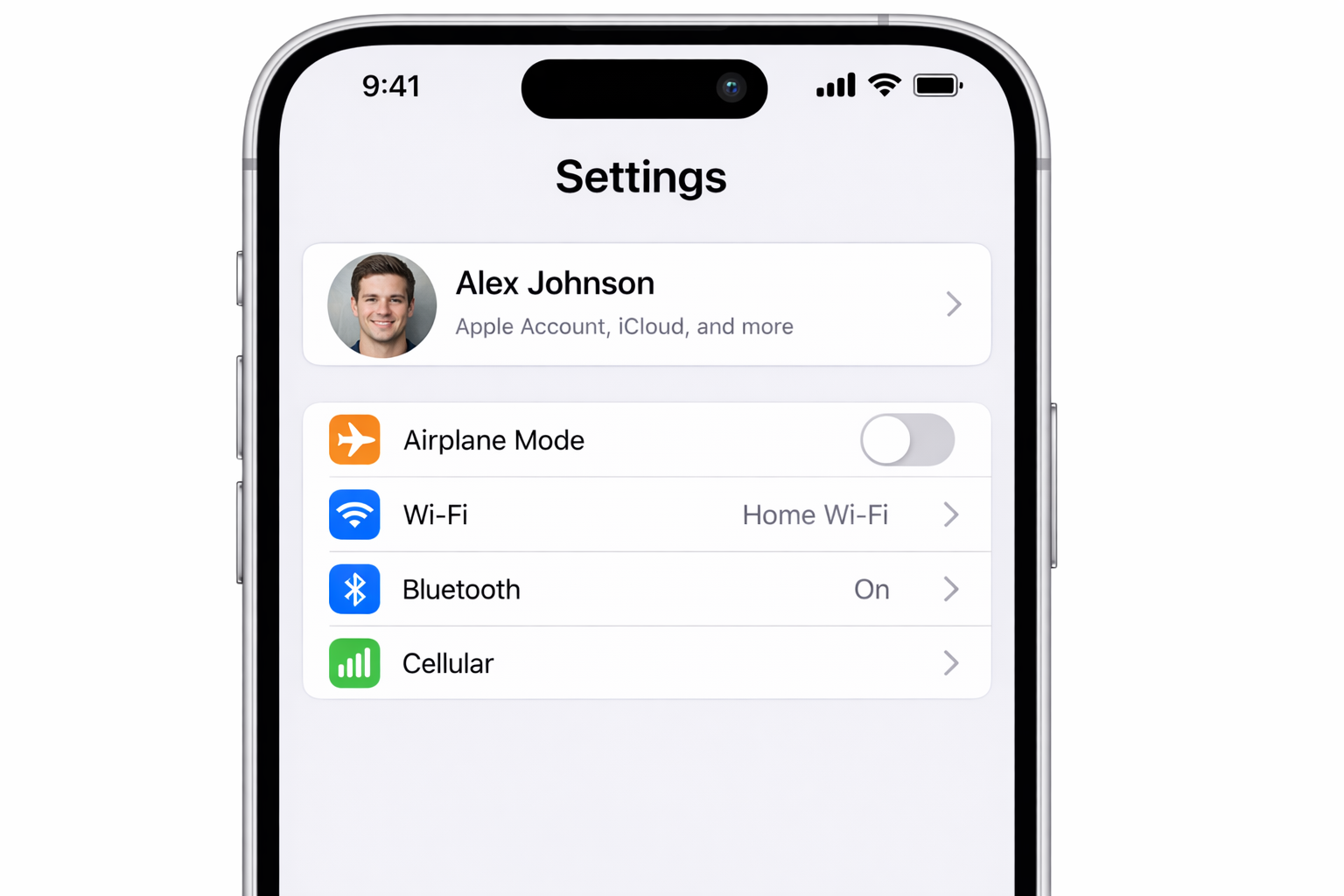 iOS Settings app showing Apple ID name at the top of the Settings list, with the row highlighted