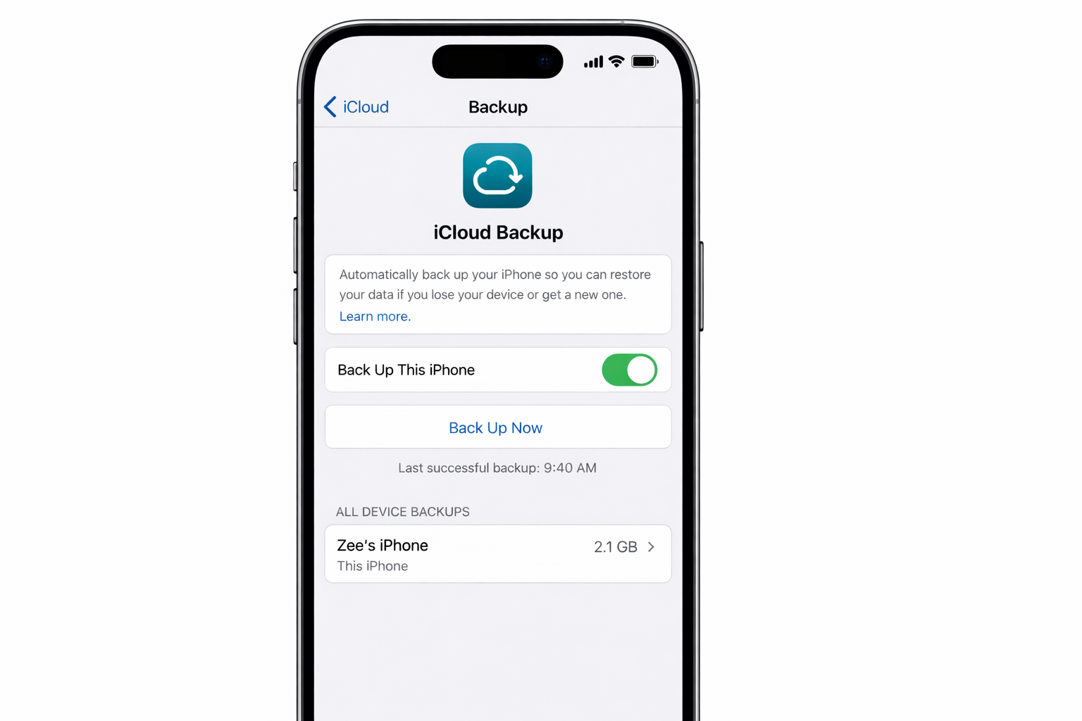 iOS Settings app > Apple ID > iCloud > iCloud Backup screen with "Back Up Now" button visible and iCloud Backup toggle switched on