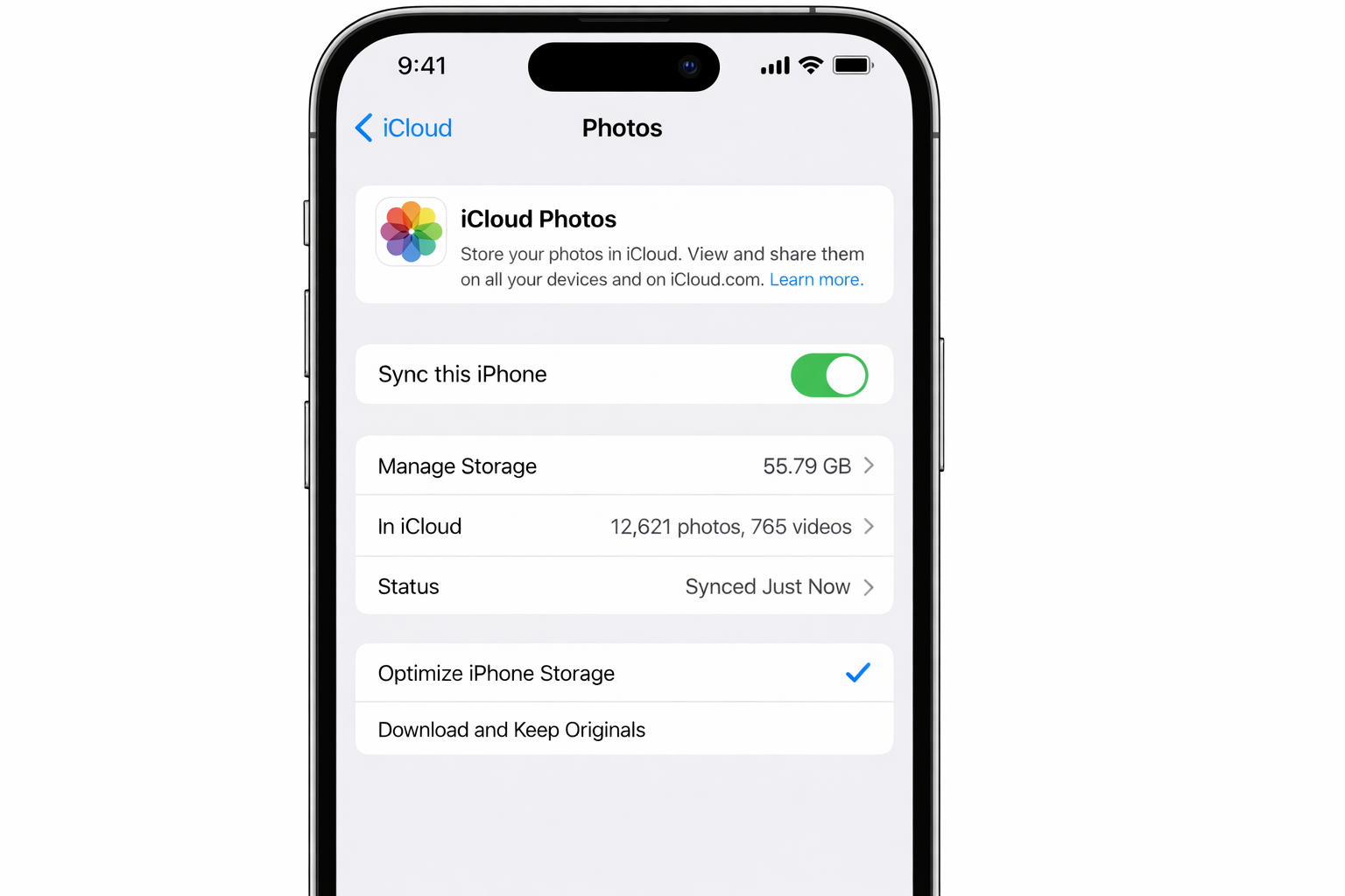 iOS Settings app > Apple ID > iCloud > Photos with "Sync this iPhone" toggle switched on and sync status showing up to date