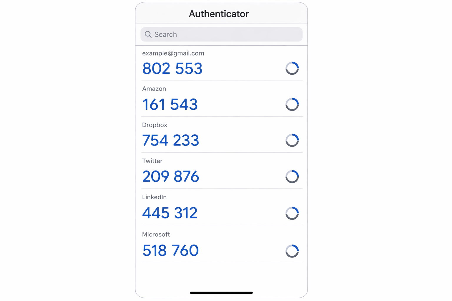 An authenticator app (such as Google Authenticator or Authy) showing a list of 2FA accounts with time-based codes, illustrating what will be lost after a wipe
