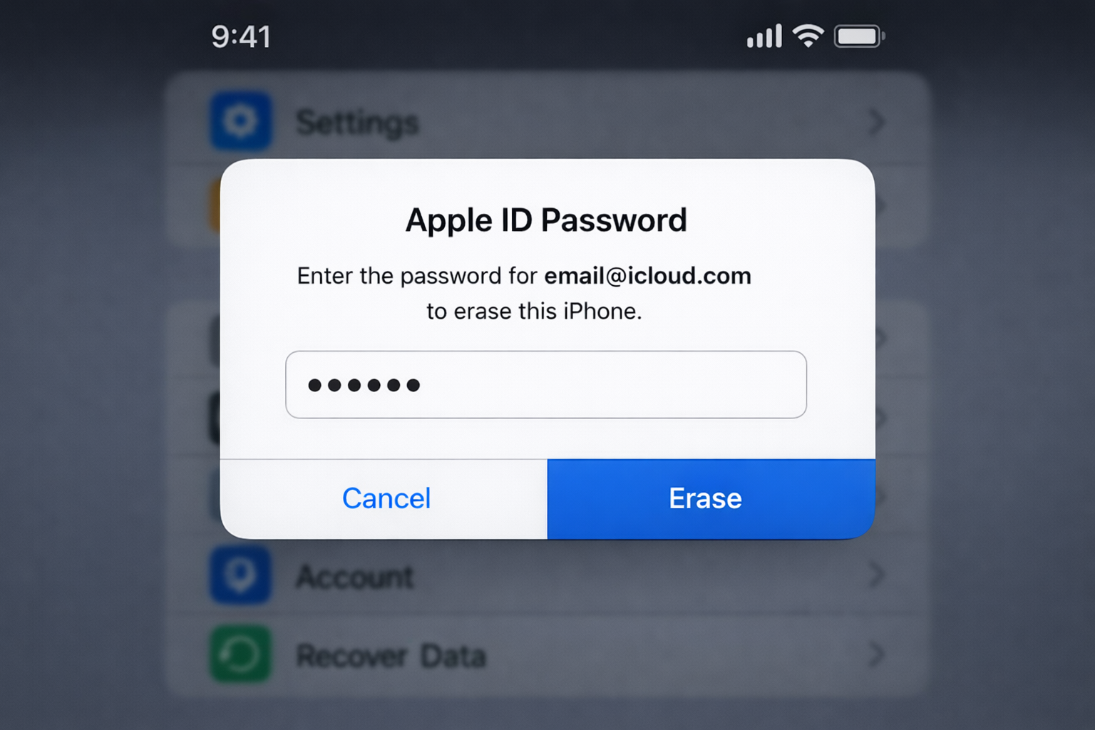 iOS popup asking for Apple ID password to confirm Erase All Content and Settings, with password field visible
