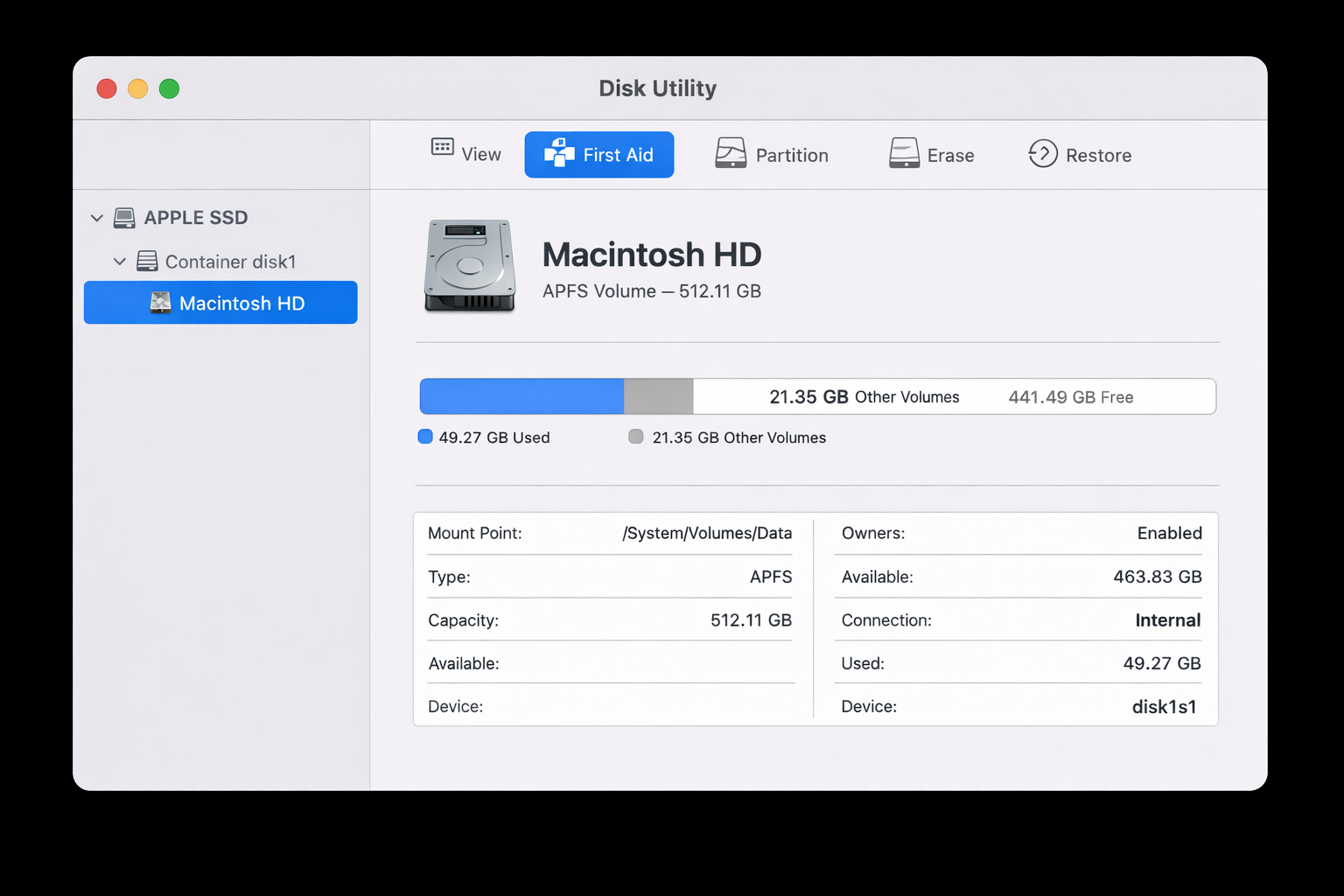 Disk Utility window showing a Mac internal drive selected in the sidebar with the First Aid button highlighted in the toolbar