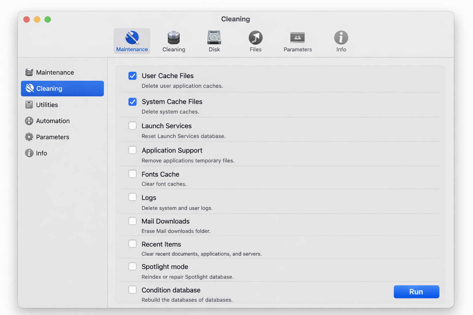 OnyX app showing the Cleaning window with User cache and System cache checkboxes visible and the Run button highlighted