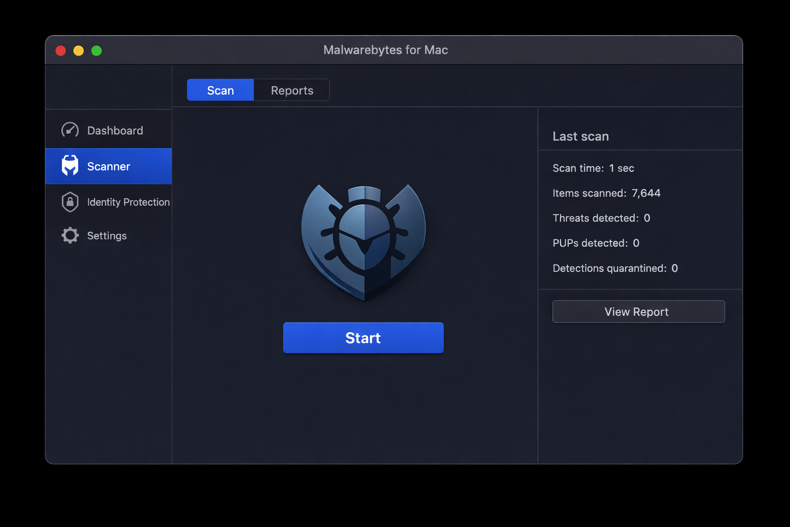 Malwarebytes for Mac main window showing the Scanner tab with a Scan Now button and a clean scan result displayed
