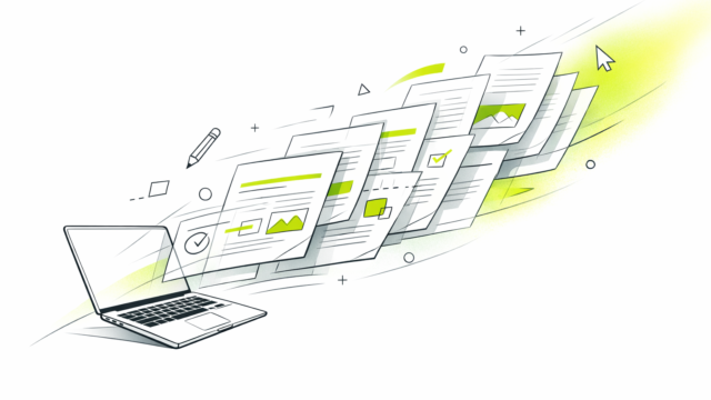 Laptop with a stream of floating documents and charts flying outward, illustrating digital document workflow.”