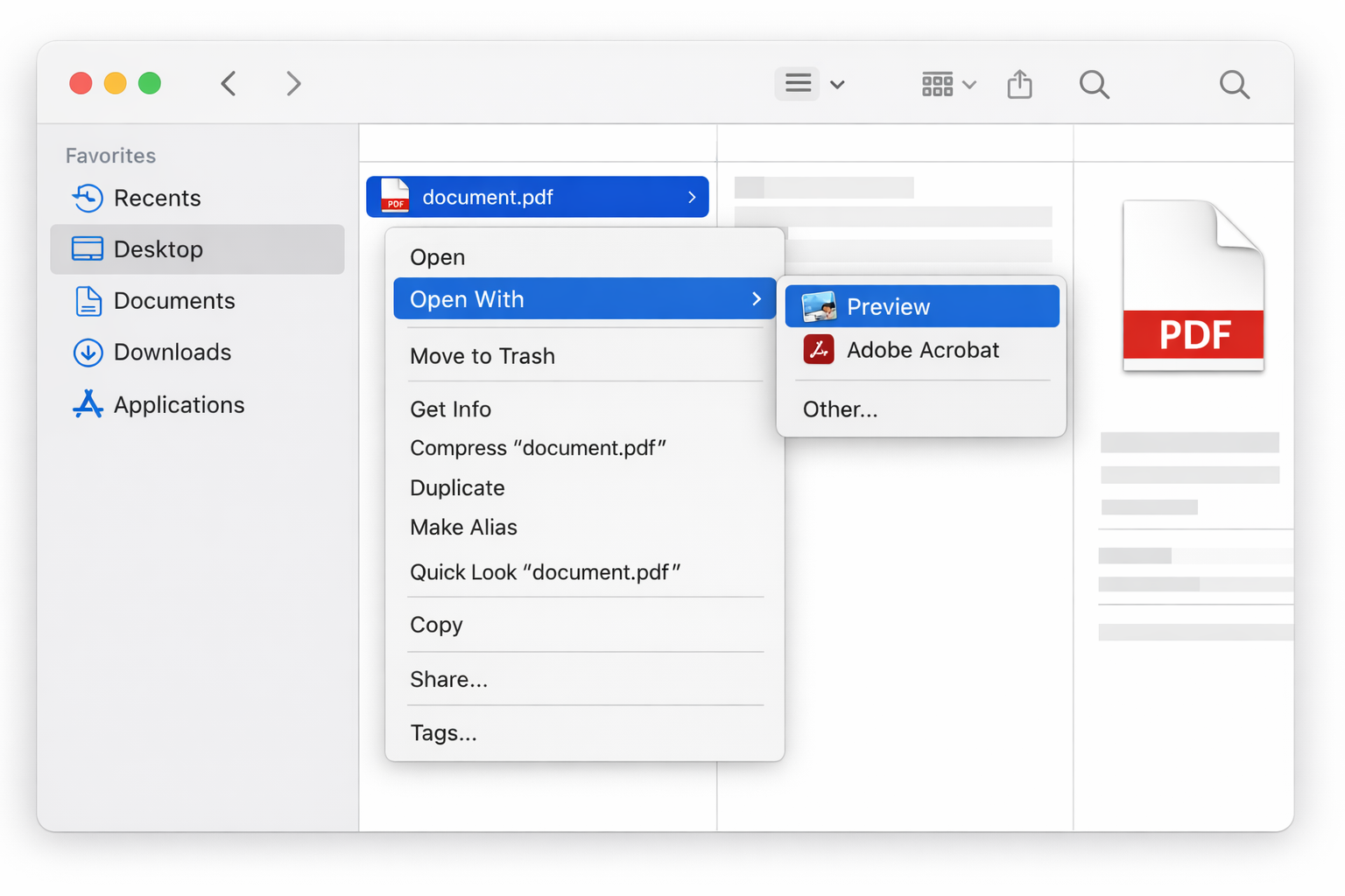 Finder window showing a PDF file being right-clicked with the Open With > Preview option highlighted in the context menu