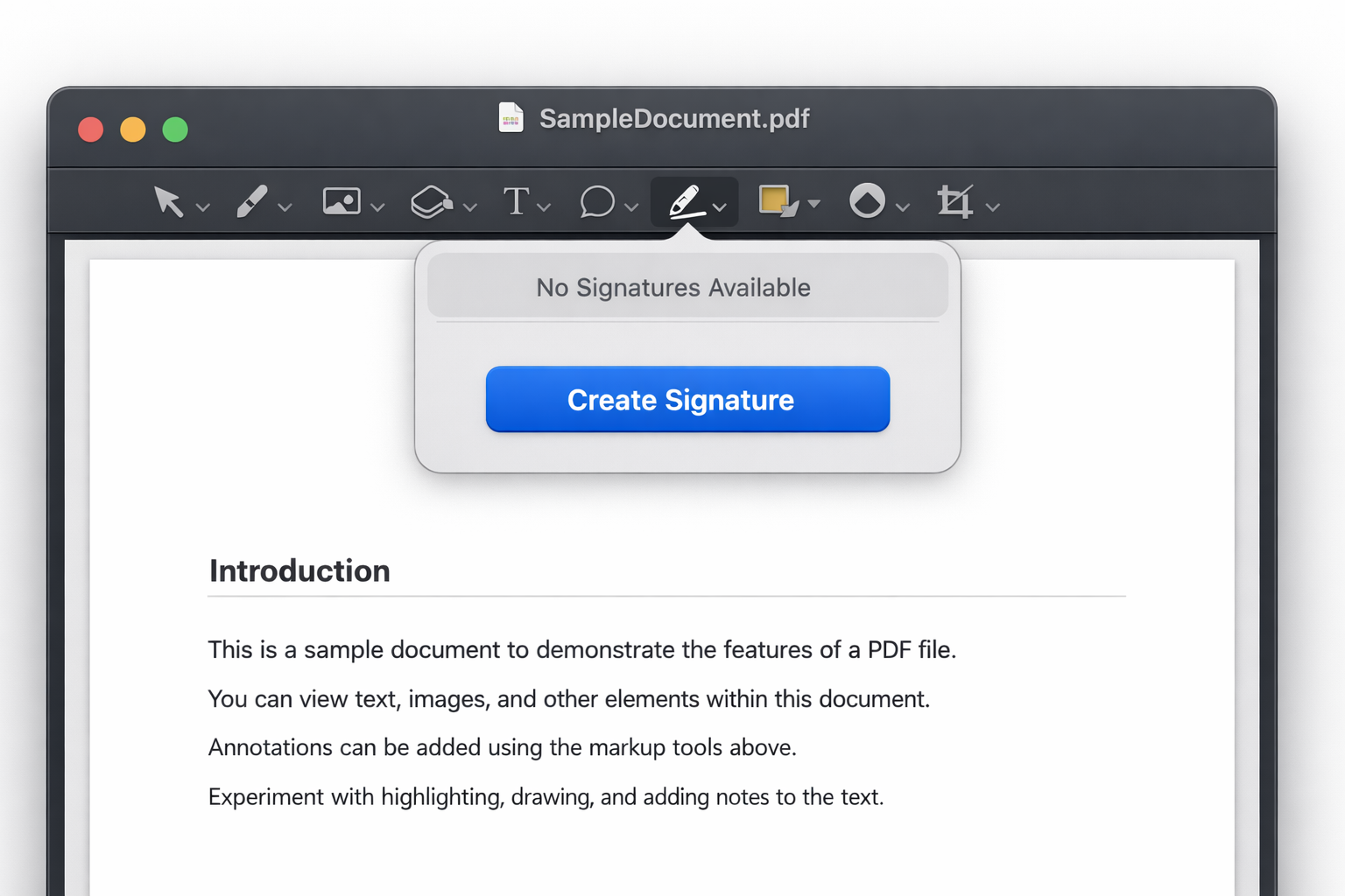 Preview's Markup Toolbar with the Sign button clicked, showing the signature dropdown menu with a Create Signature option visible