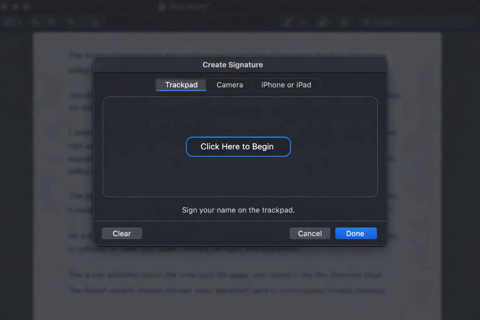 Preview's Create Signature dialog with the Trackpad tab selected, showing instructions to click and sign with a finger