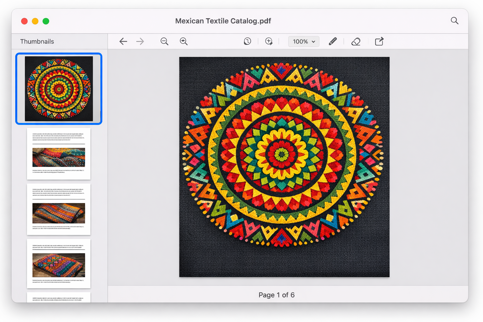 Preview with a multi-page PDF open, the Thumbnails sidebar visible on the left with page thumbnails, and one thumbnail selected