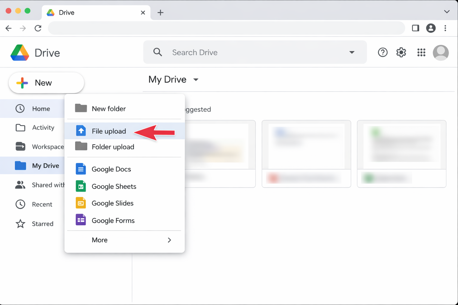Google Drive web interface with the New button clicked and the File Upload option highlighted in the dropdown menu