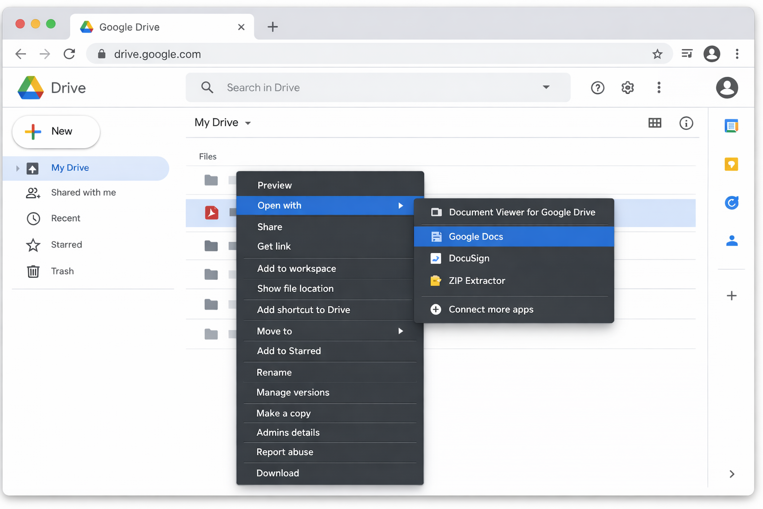 Google Drive web interface showing a right-click context menu on a PDF file with Open With > Google Docs highlighted