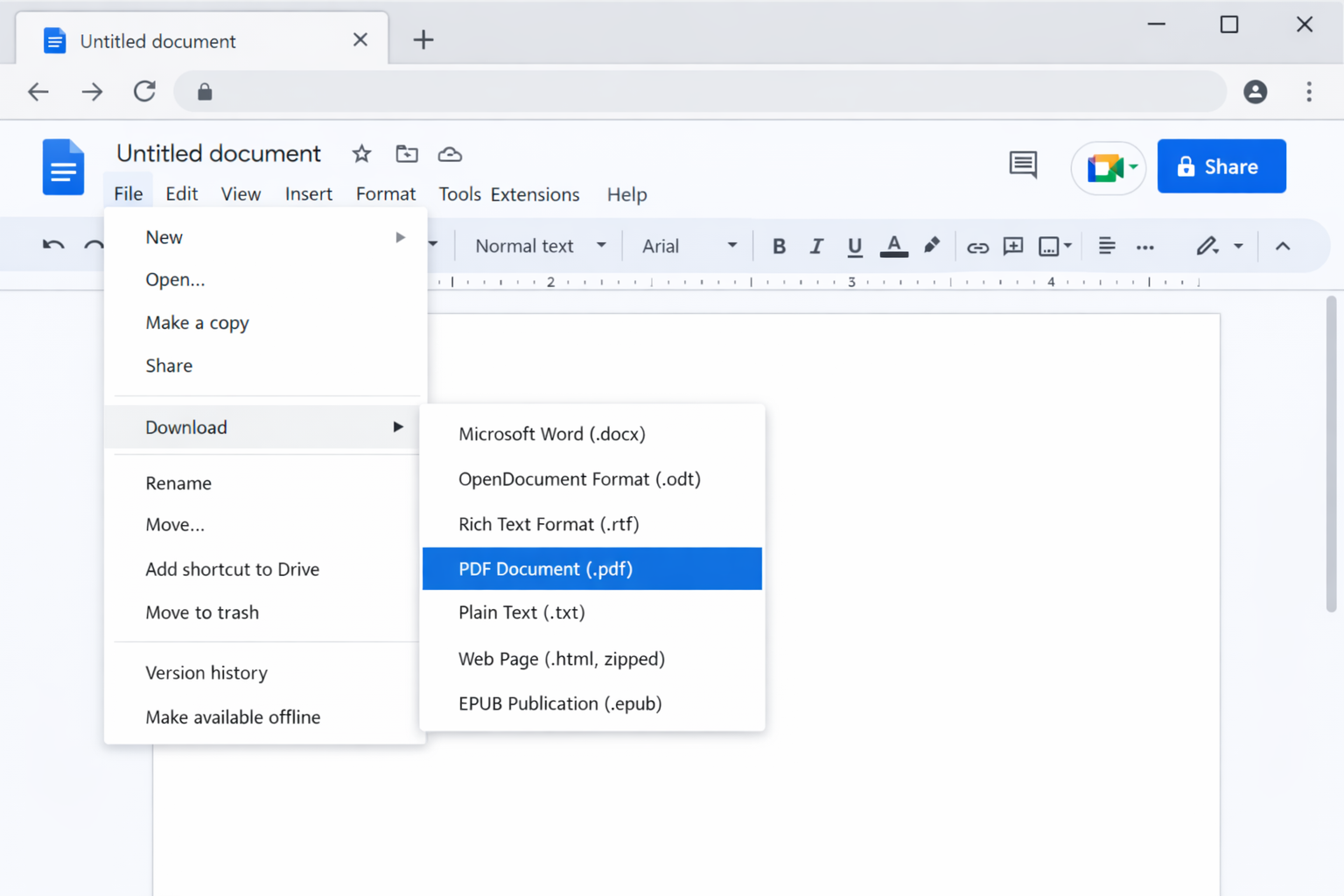 Google Docs with a document open, the File menu expanded showing Download > PDF Document (.pdf) highlighted