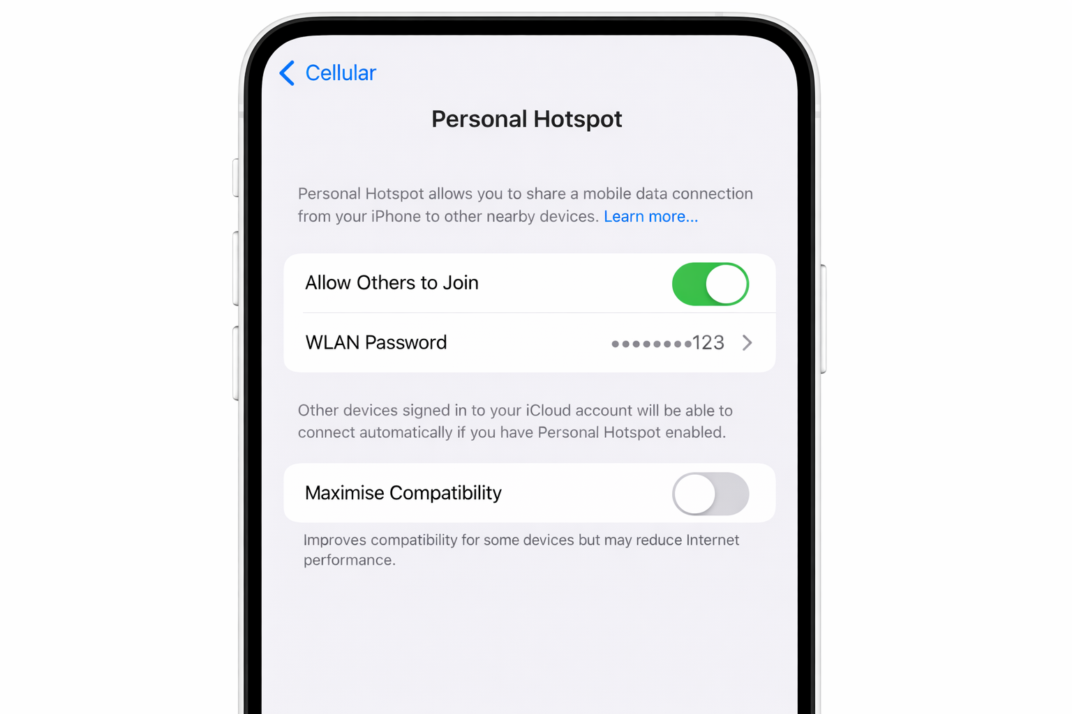iOS Settings app > Personal Hotspot with the "Allow Others to Join" toggle switched on and the Wi-Fi password field visible