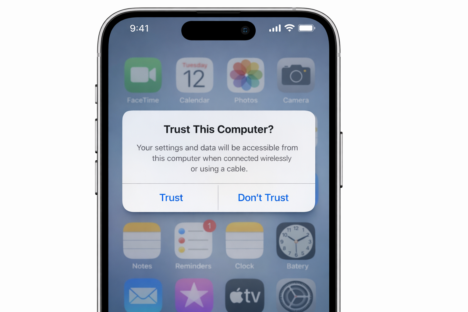 iOS "Trust This Computer?" alert dialog with Trust and Don't Trust buttons visible