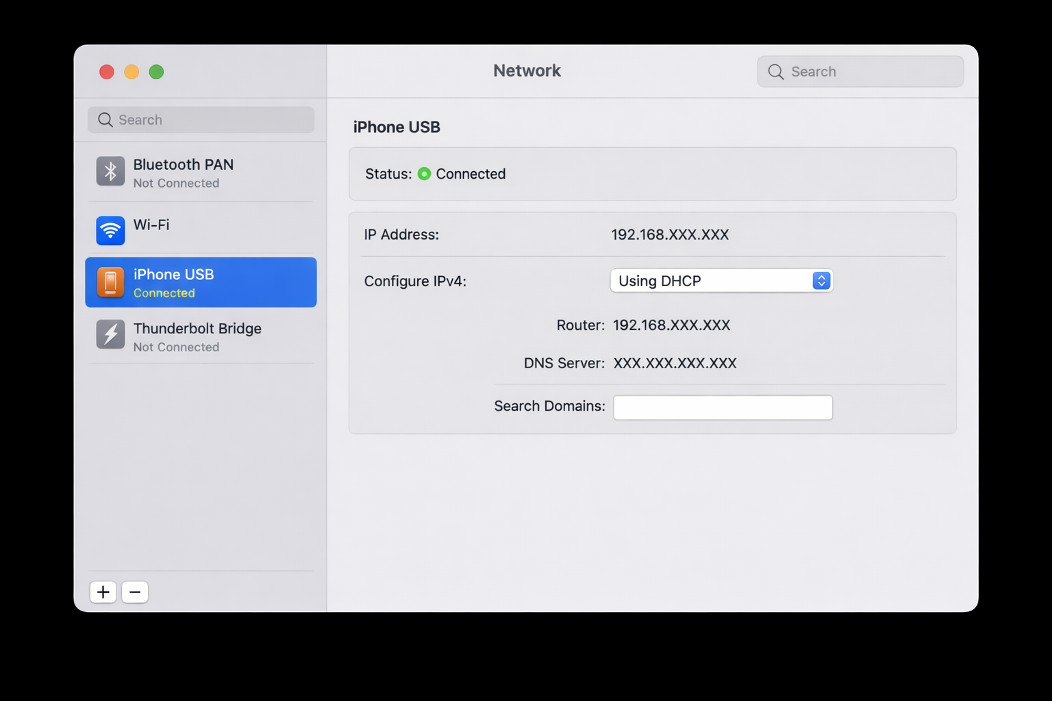 macOS System Settings > Network panel with an iPhone listed as a connected network interface, showing "Connected" status