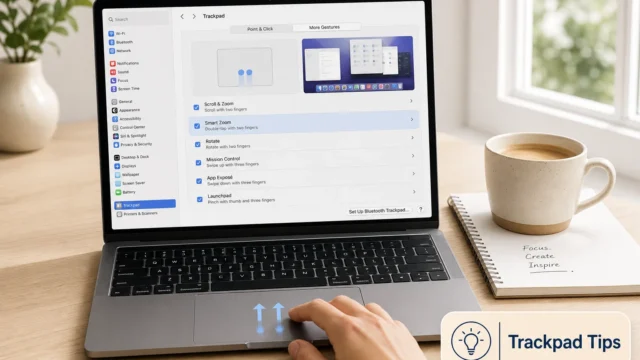 MacBook screen shows Trackpad settings with a hand on the trackpad; a notebook and coffee cup sit nearby on a wooden desk.