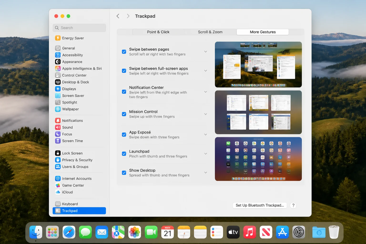 macOS System Settings > Trackpad > More Gestures tab, showing gesture options with animated previews for Mission Control