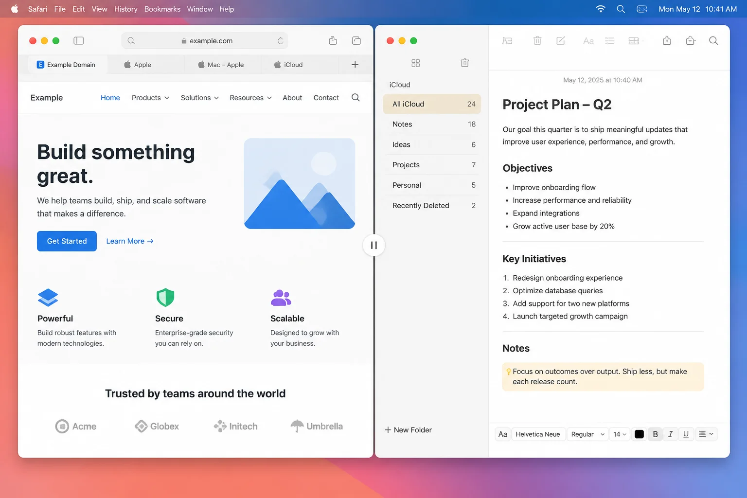 macOS Split View with Safari on the left half and Notes on the right half, with the divider handle visible in the center