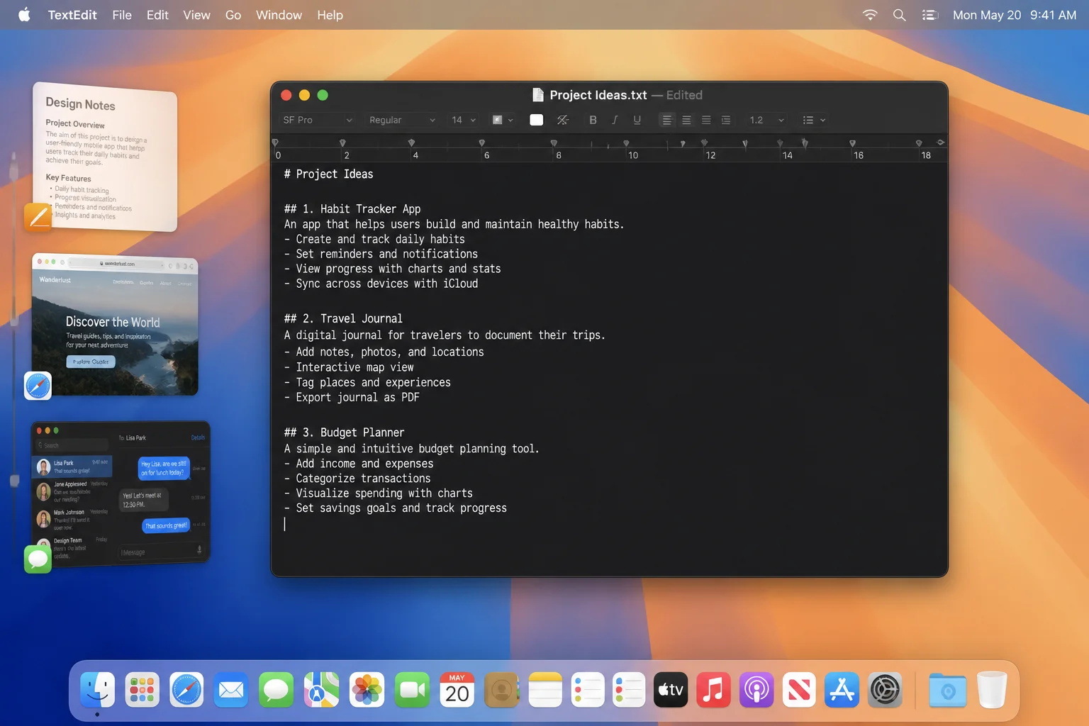 macOS desktop with Stage Manager enabled, showing the active app window centered and a sidebar on the left with three recent