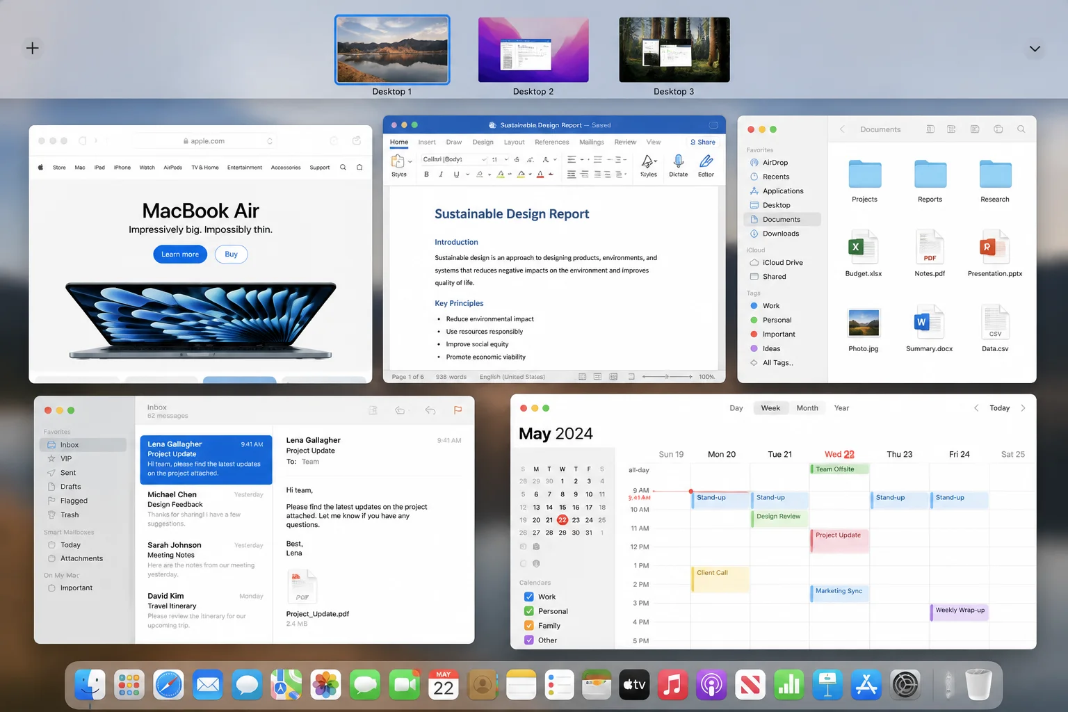 macOS Mission Control view showing multiple open app windows spread across the desktop and three Spaces thumbnails along the