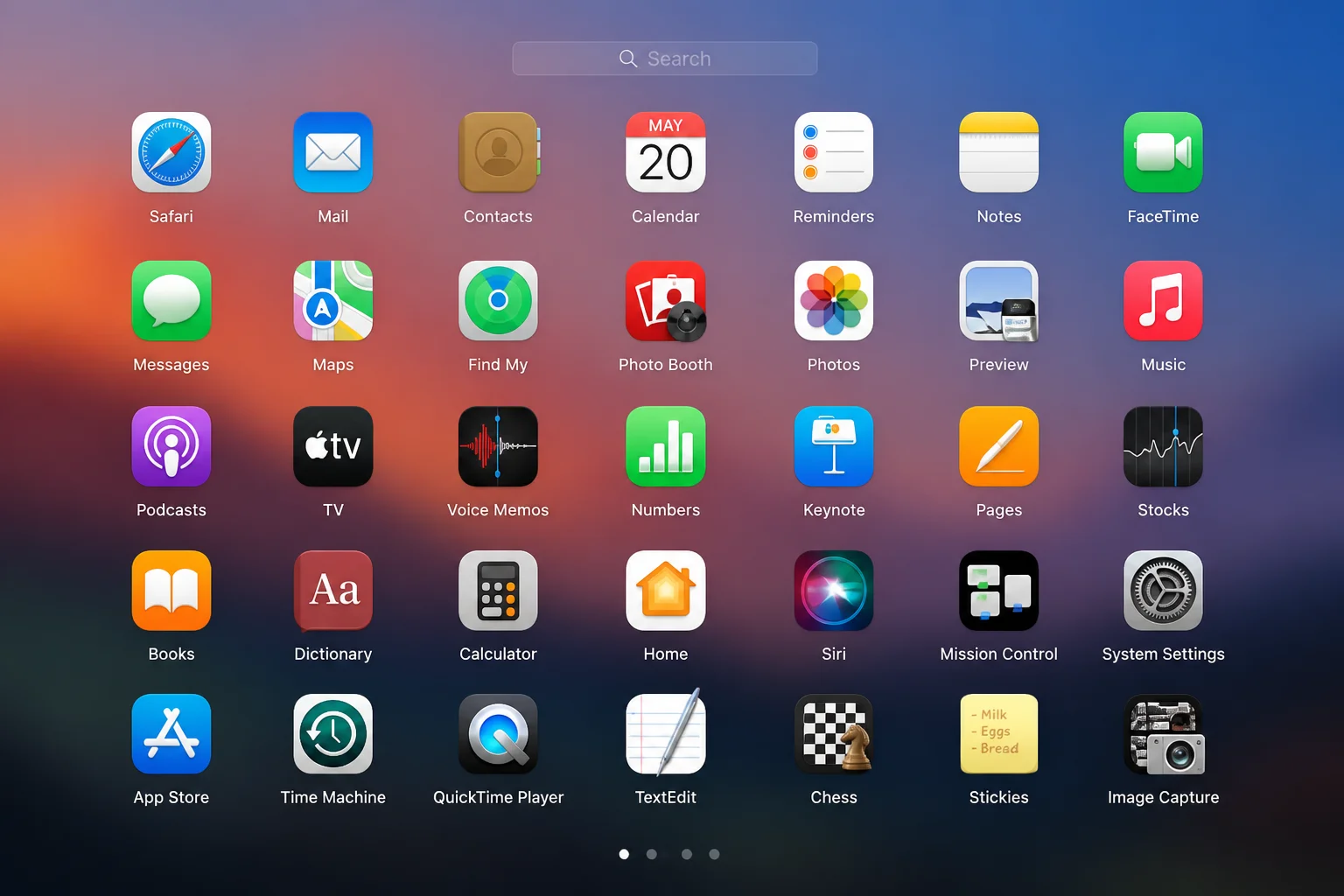 macOS Launchpad open showing a full-screen grid of app icons with the search field at the top and page dots at the bottom