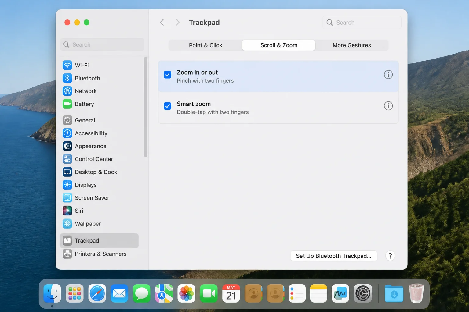 macOS System Settings > Trackpad > Scroll & Zoom tab with Pinch to Zoom and Smart Zoom options highlighted