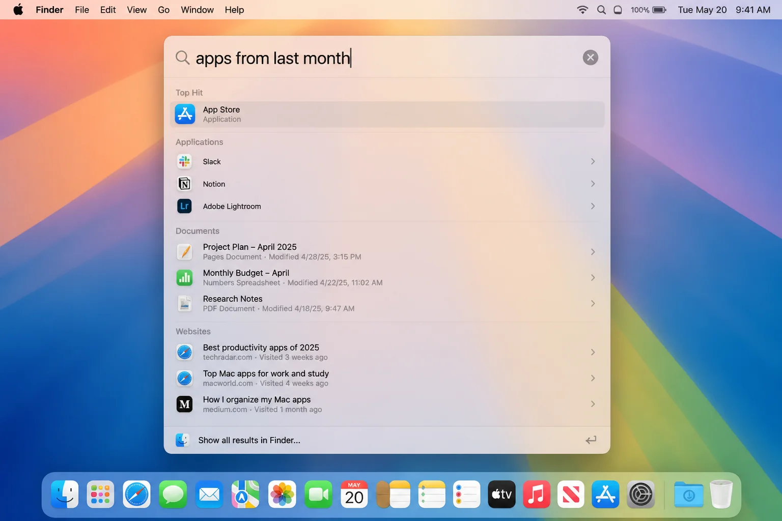 macOS Spotlight search bar open in the center of the screen, with a search query typed and results showing app suggestions