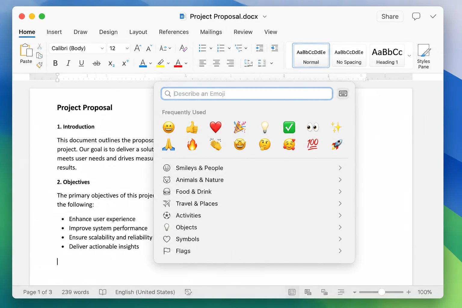 macOS emoji and symbols picker window open over a text document, showing emoji categories along the bottom and a search