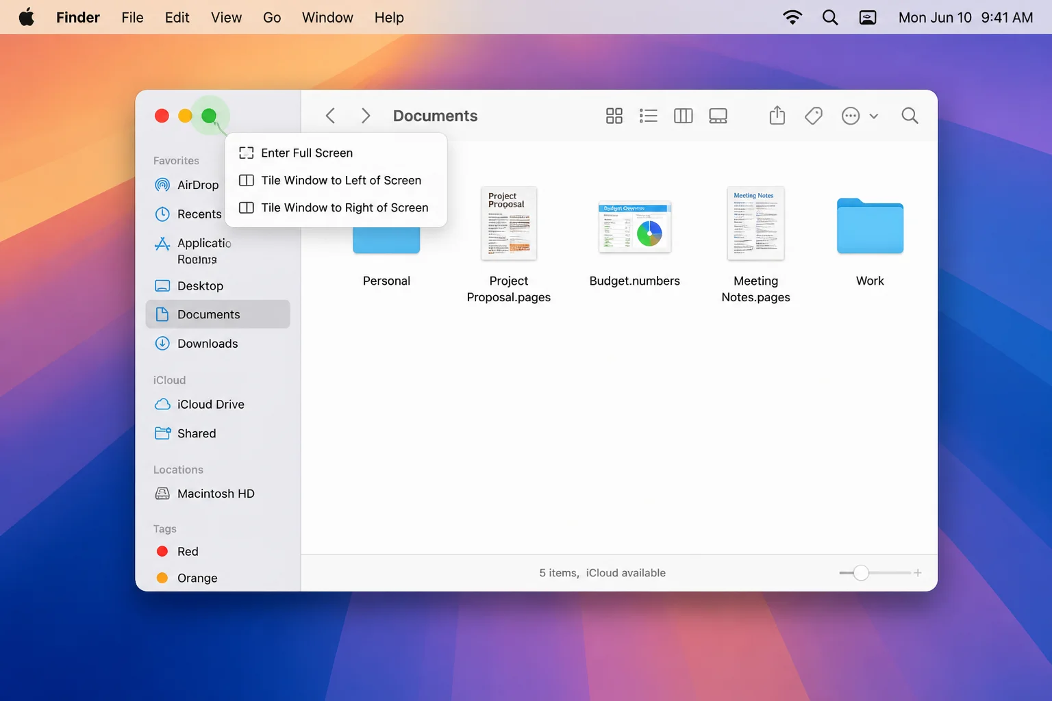macOS window with the green traffic light button hovered, showing the dropdown menu with options: Enter Full Screen, Tile