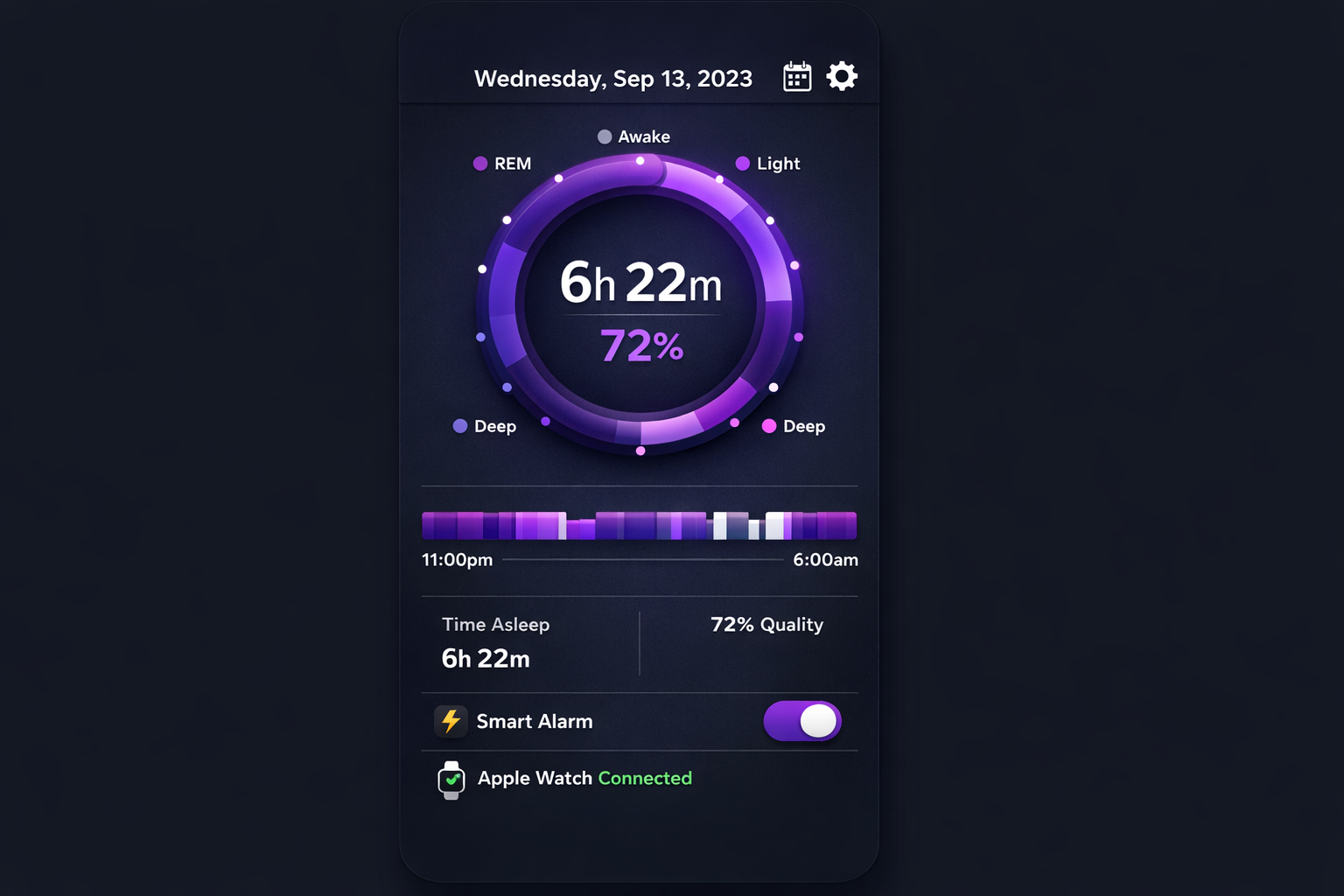 Pillow sleep tracker app showing the main dashboard with sleep cycle graph, smart alarm toggle, and Apple Watch sync status highlighted